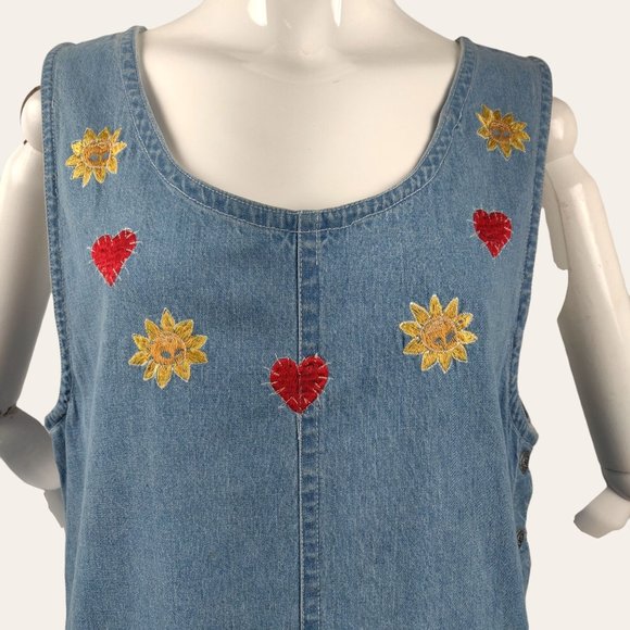 Vintage 1990s Celestial Heart Jumper Dress Chambray Applique Folk Art Grunge 8 - Picture 2 of 13